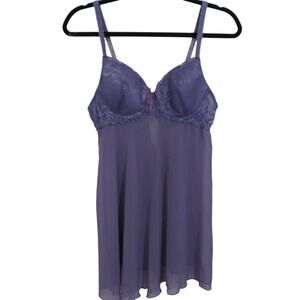Delicates Womens Sz M Purple Baby Doll Sheer Baby Doll Lace Trim